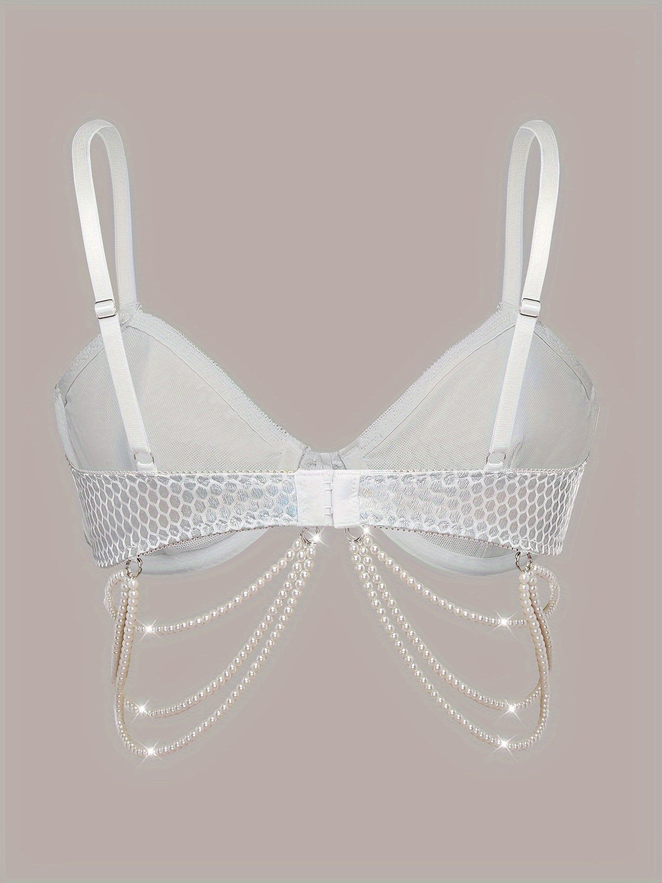 Faux Pearl Chain Detail Bra, Shiny Geo Pattern Bra, Women's Sexy Lingerie & Underwear